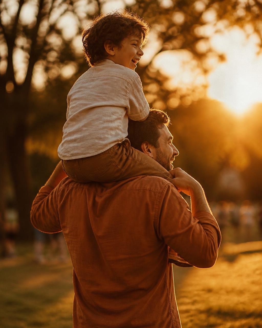 Pai carregando o filho nos ombros ao pôr do sol